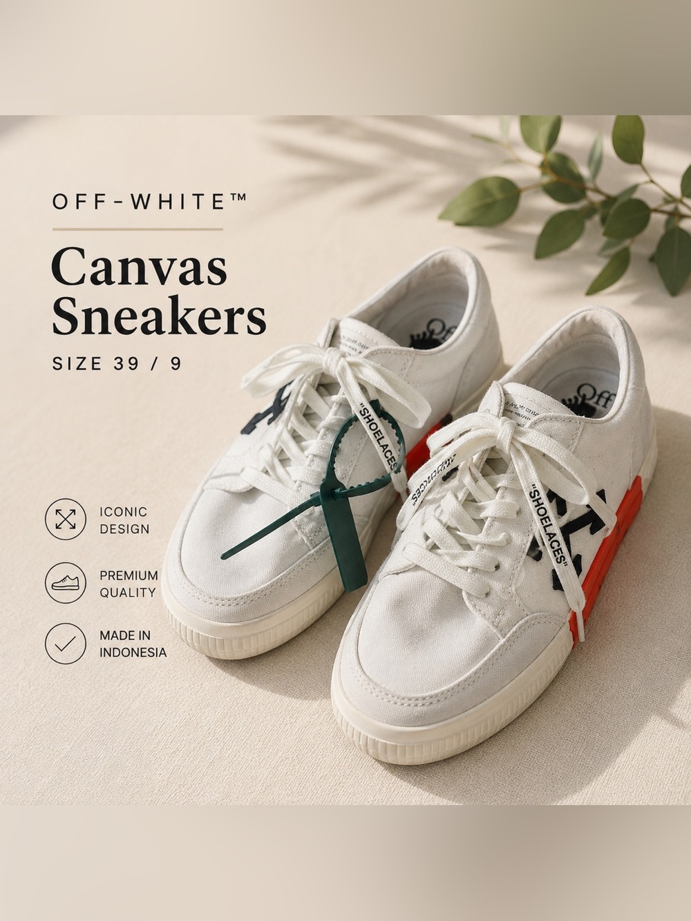Off-White White Canvas Low Top Sneaker Interior with Branded Insole Text size 8